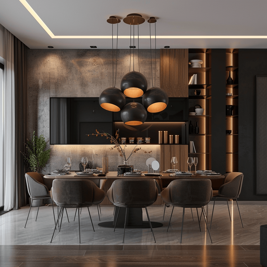 An inviting and visually interesting modern dining room is created by incorporating tactile elements, layered textures, and a sense of depth throughout the space