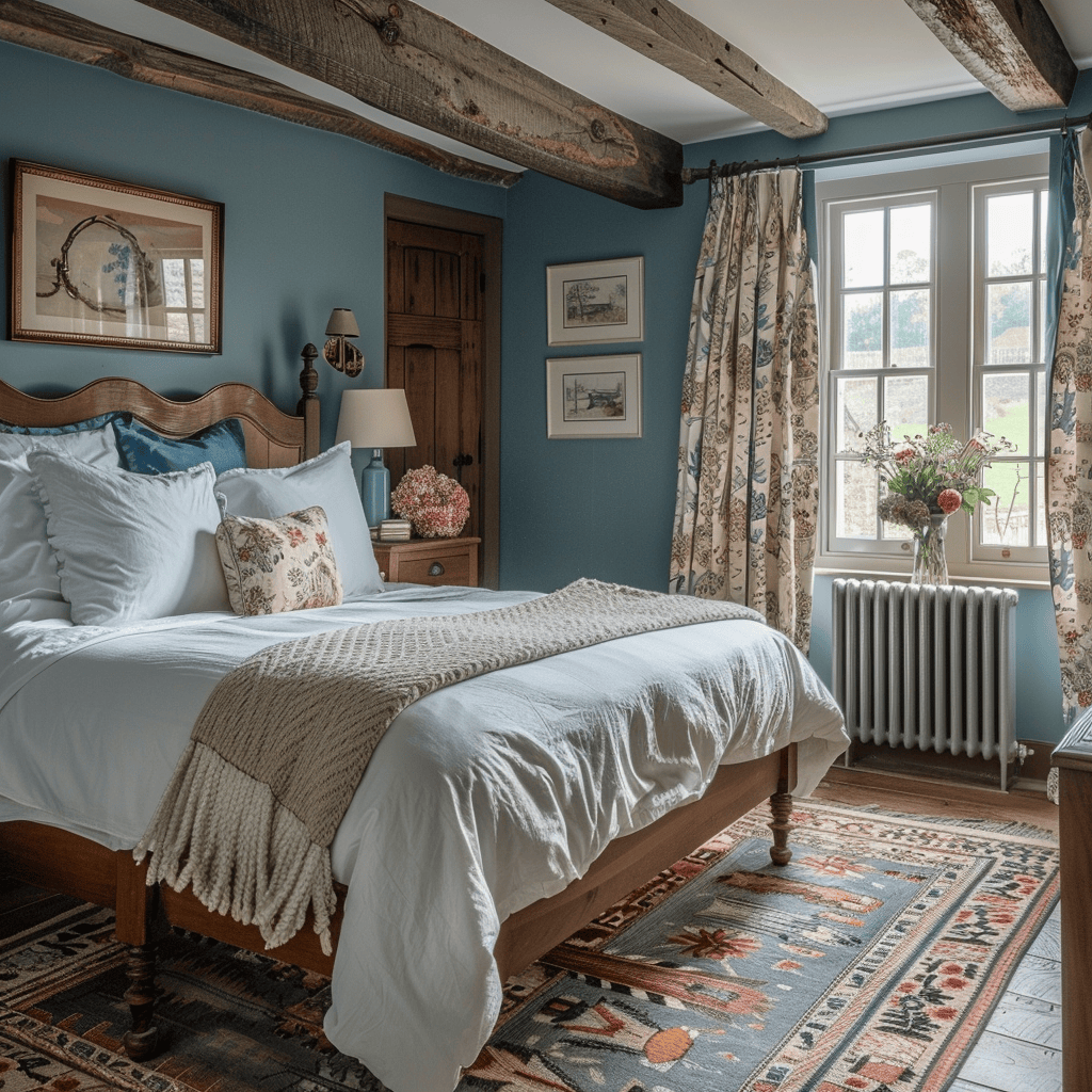 An inviting bedroom in the English countryside style, with gentle blue walls, a rustic bed frame, cozy white linens, and a balanced blend of earthy and lively accent hues
