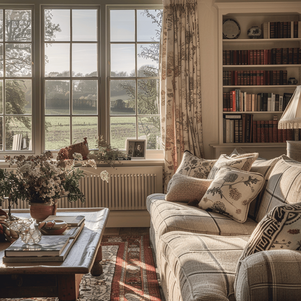 An inviting living room in the English countryside featuring a palette of gentle, muted hues and natural textures, creating a peaceful and welcoming atmosphere