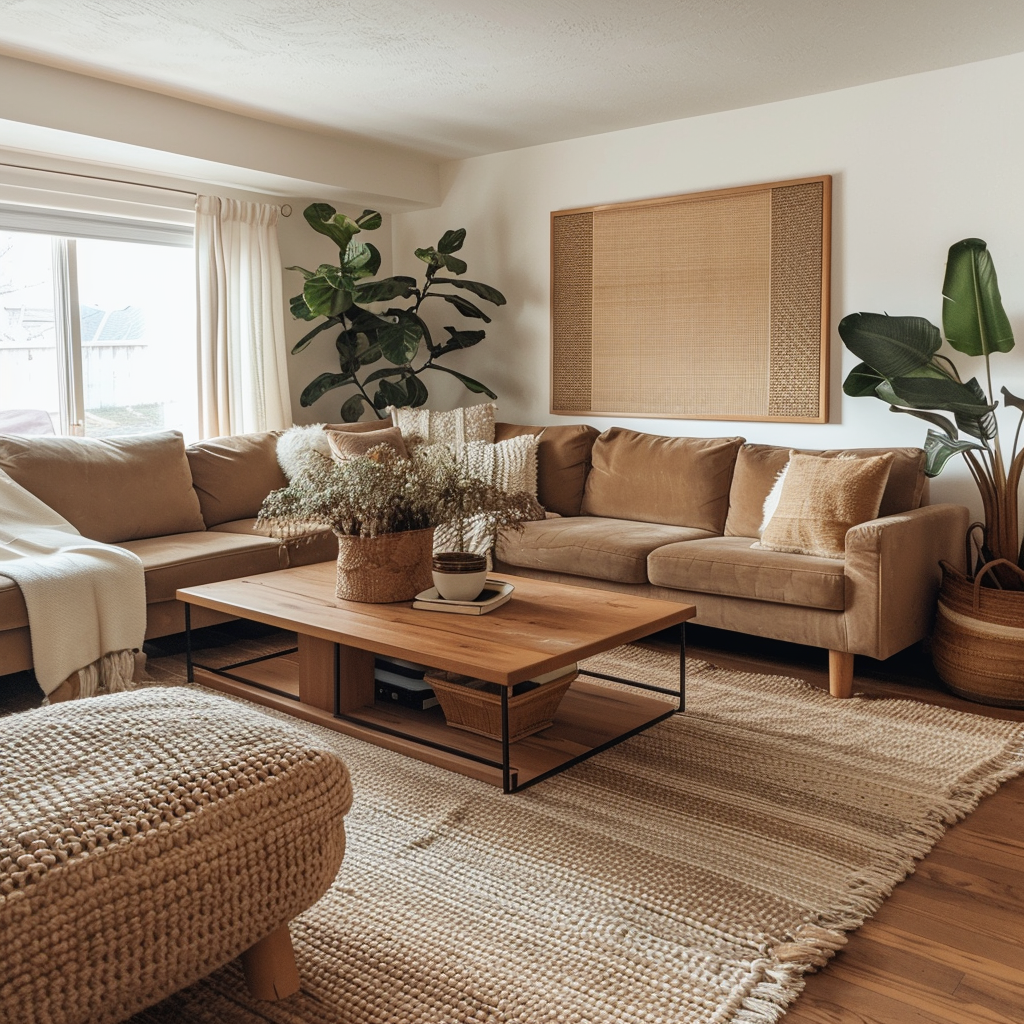 An inviting mid-century modern family room with earthy tones, natural materials, and cozy textures, creating a warm and comfortable atmosphere1