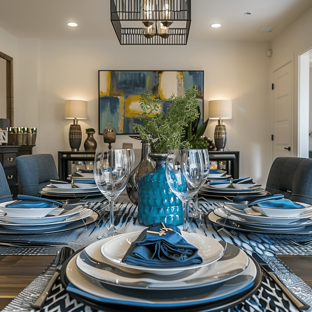 An inviting presentation, mixed textures, and coordinated colors characterize the elegant tablescape in this modern dining room, setting the stage for memorable meals