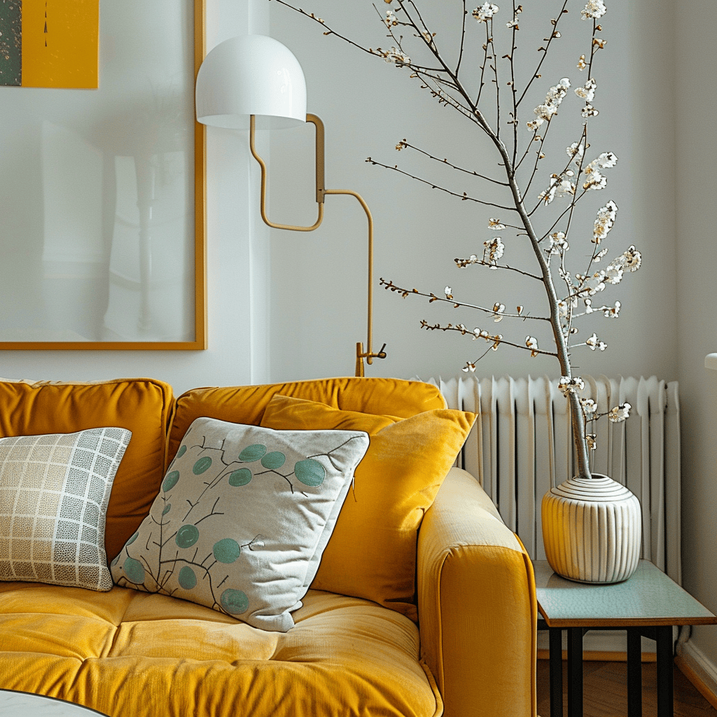 An on-trend modern interior scene featuring current color trends, including Pantone's Color of the Year, arranged in a harmonious and eye-catching composition