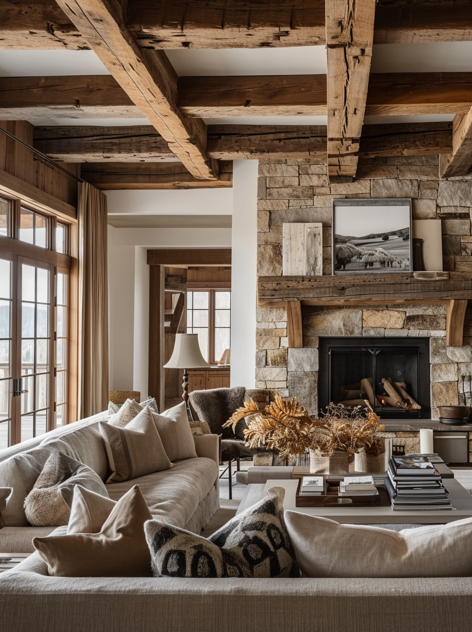 Antler chandelier hanging in a rustic living room with high ceilings