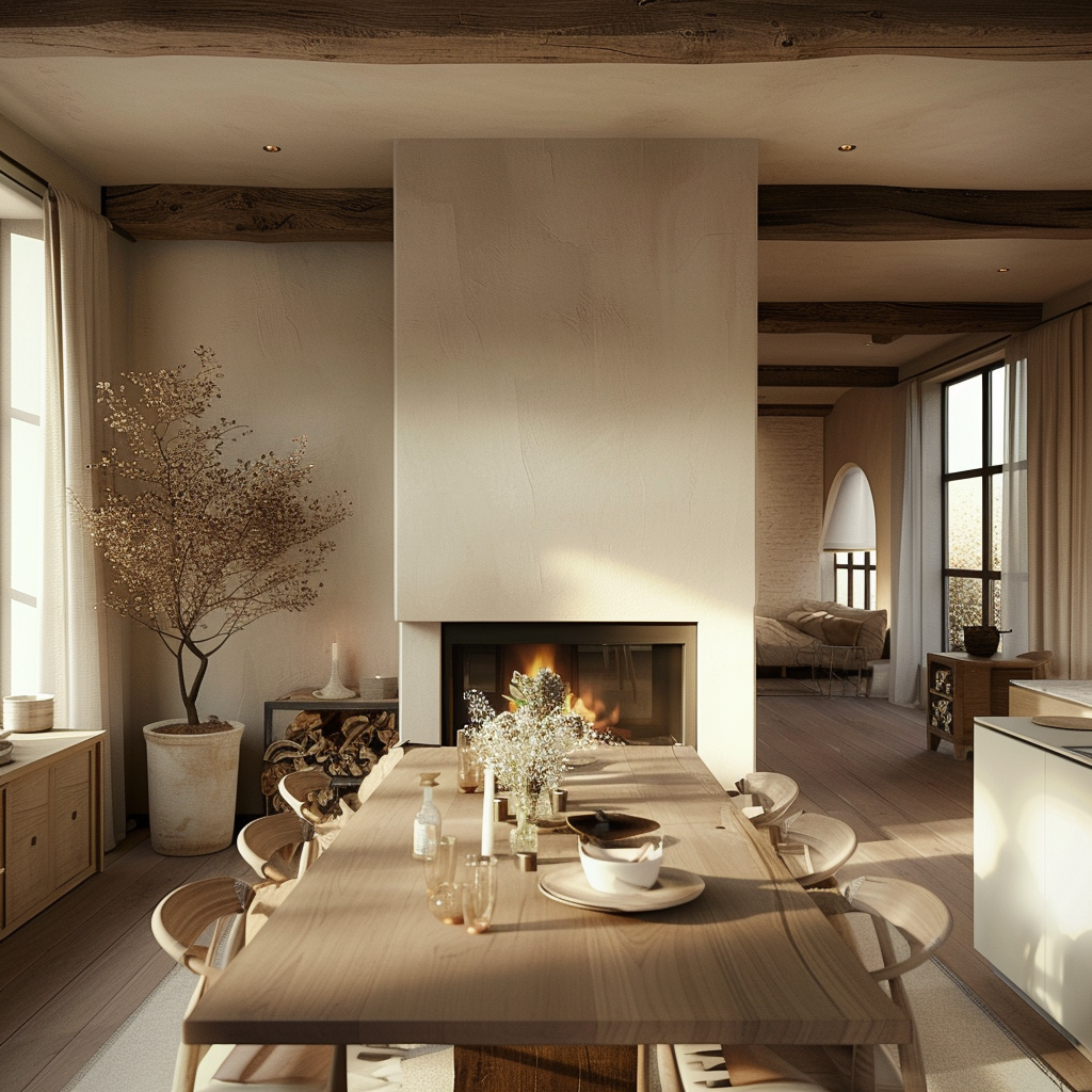 Architectural farmhouse dining room with board and batten walls and oversized clock