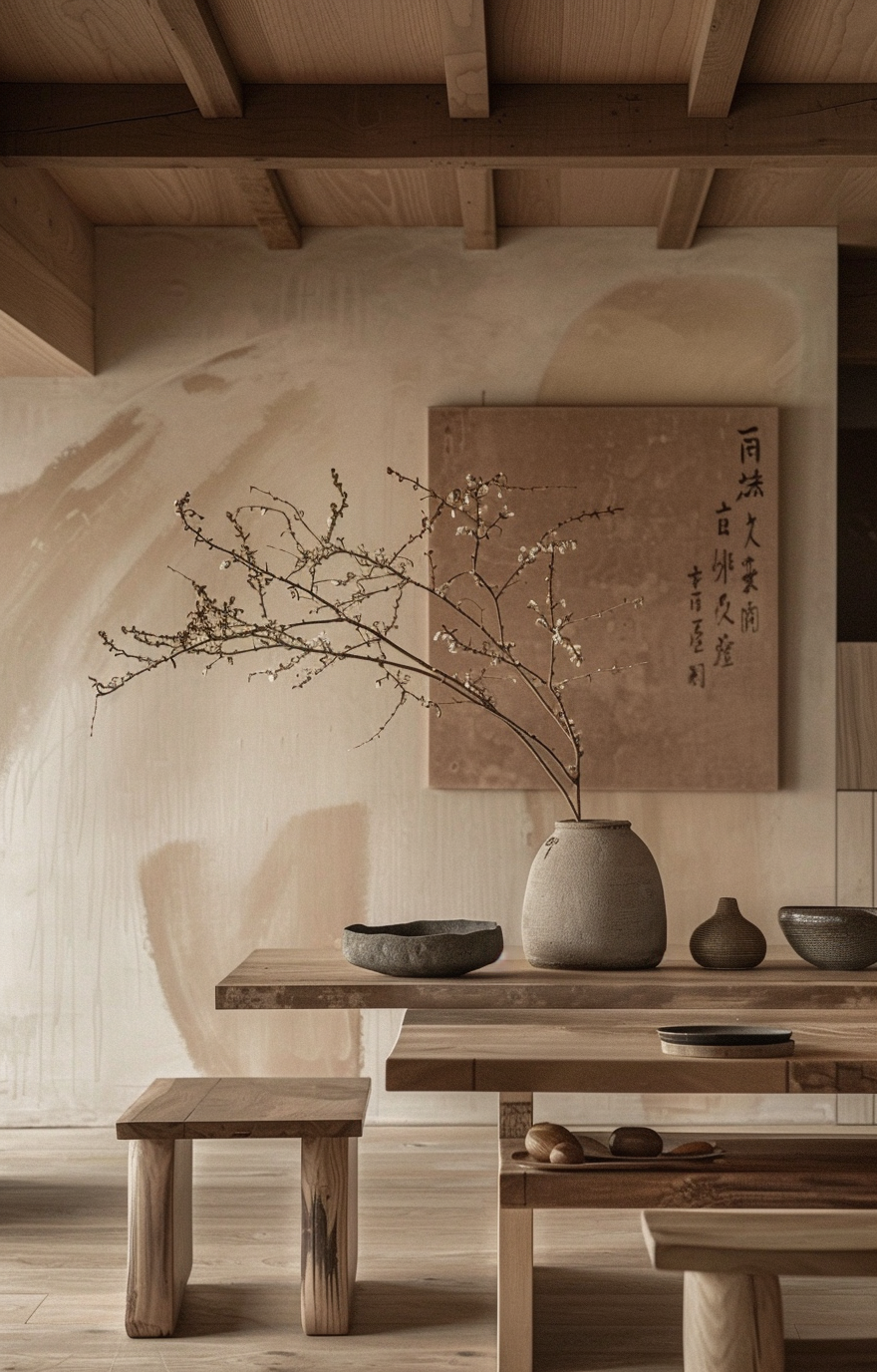 Architecturally rich Japanese dining room with suspended ceilings and wooden grids