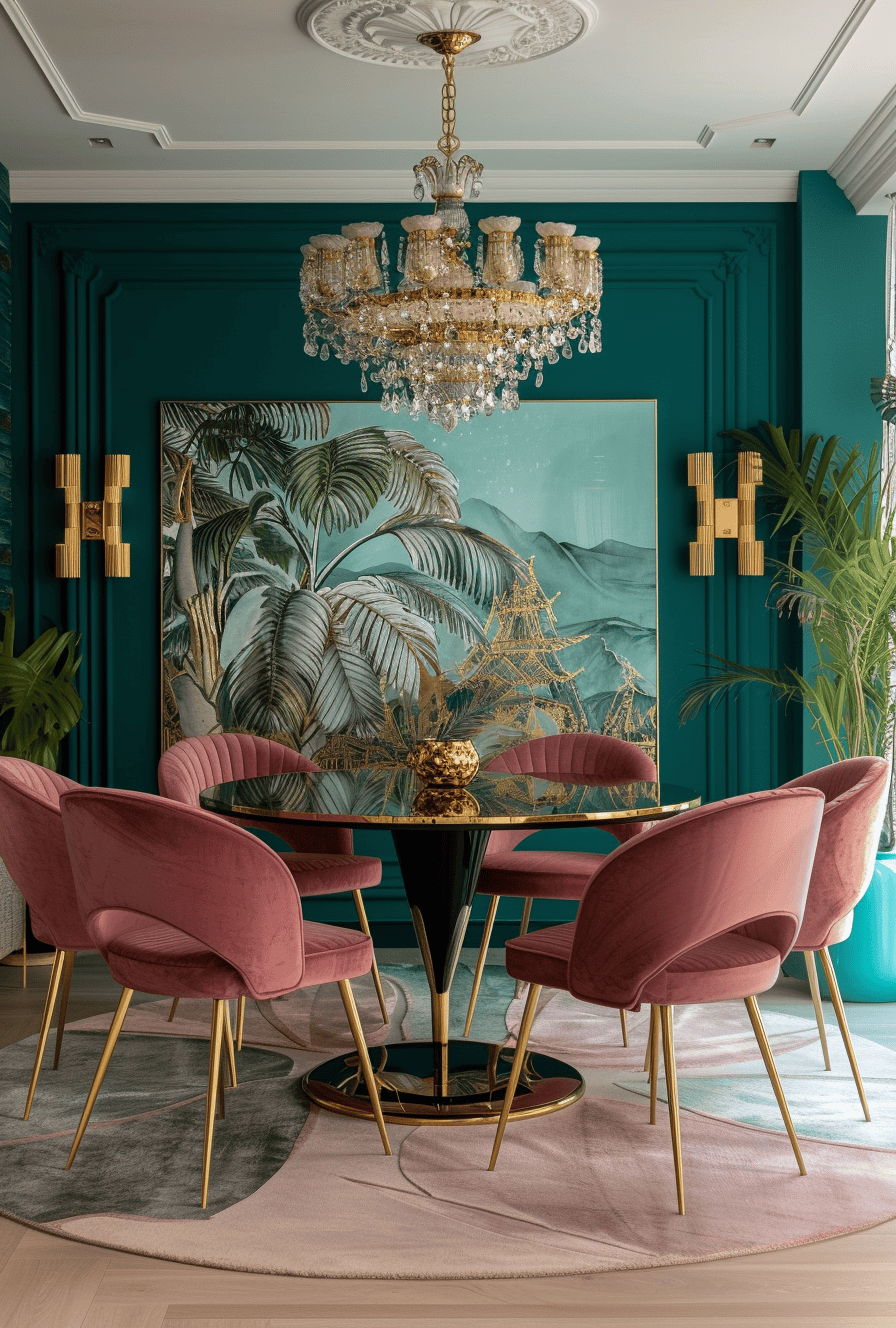 Art Deco Symmetrical Art Deco dining setup with balanced furniture arrangement