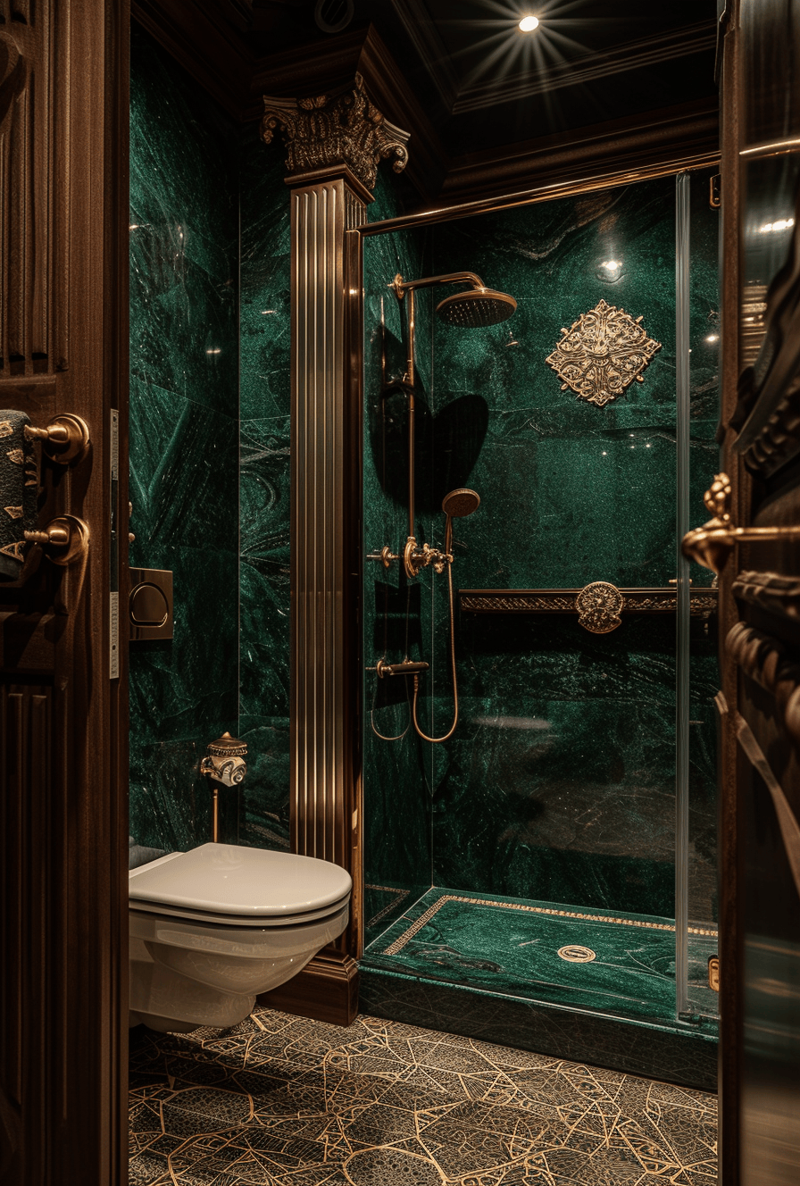 Art Deco bathroom capturing the ultimate 1920s aesthetic with glamorous design elements