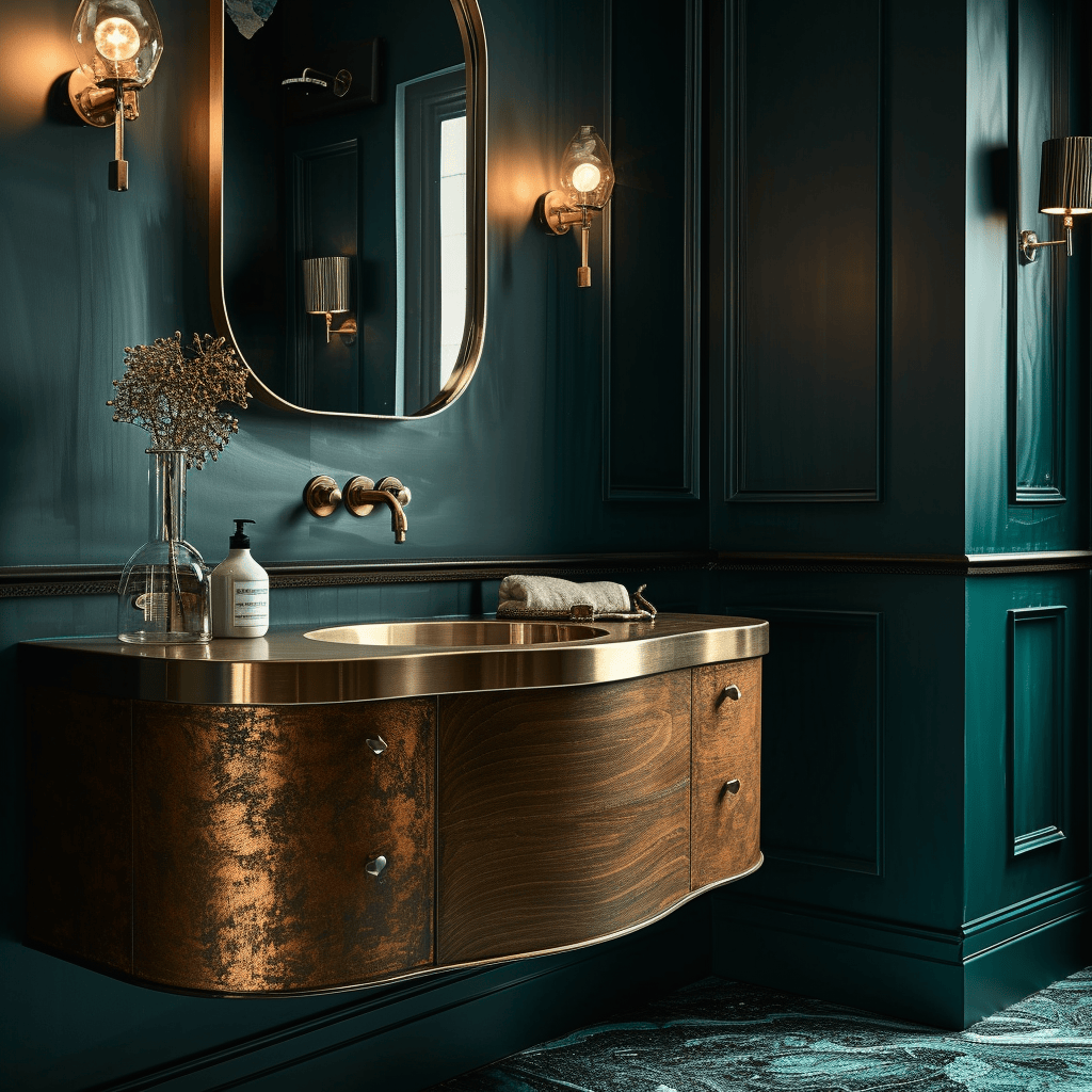 Art Deco bathroom decorated with stylish ideas that merge modern functionality with 1920s glamour