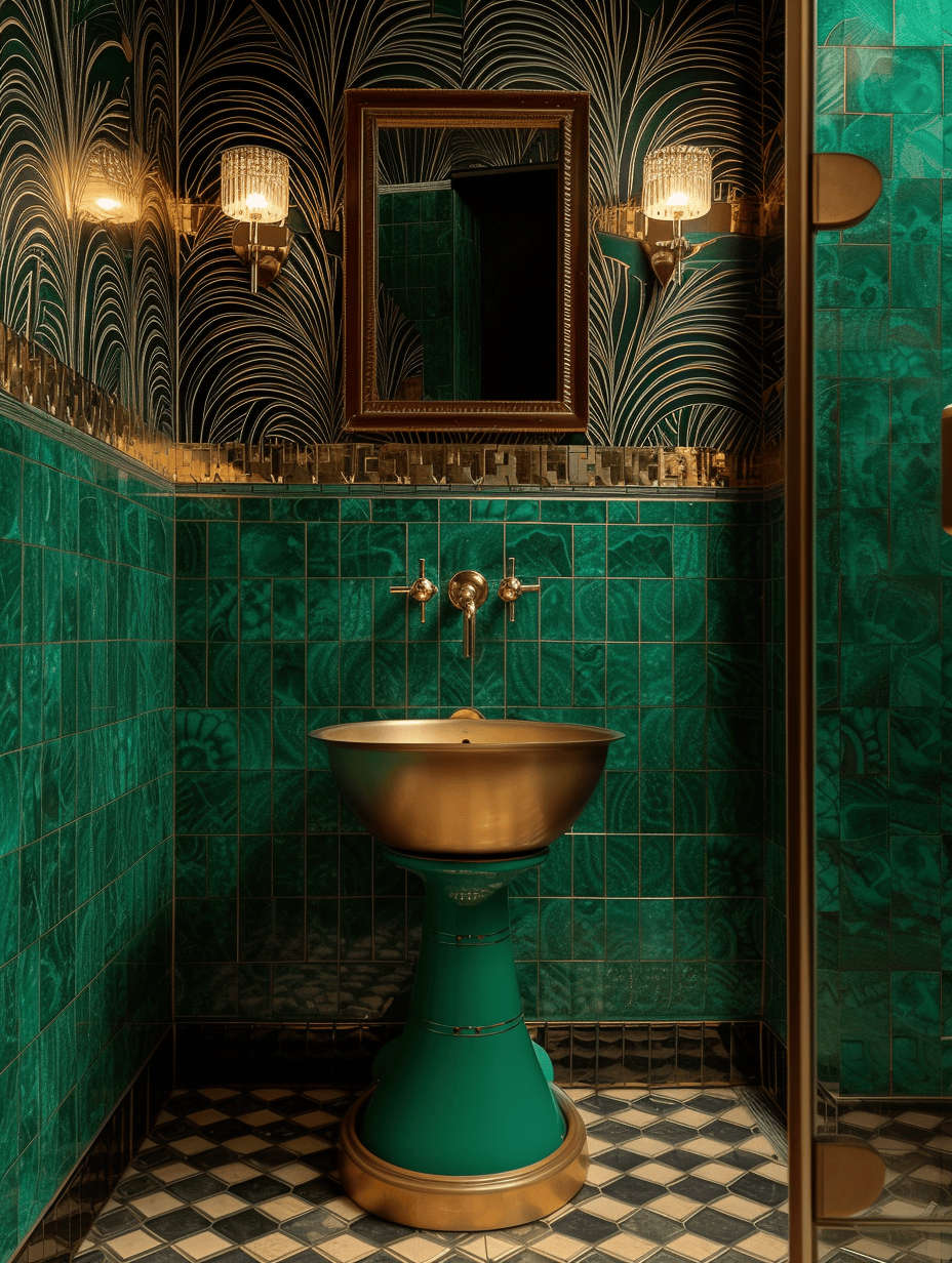 Art Deco bathroom wallpaper with bold patterns adds personality and flair to the chic space