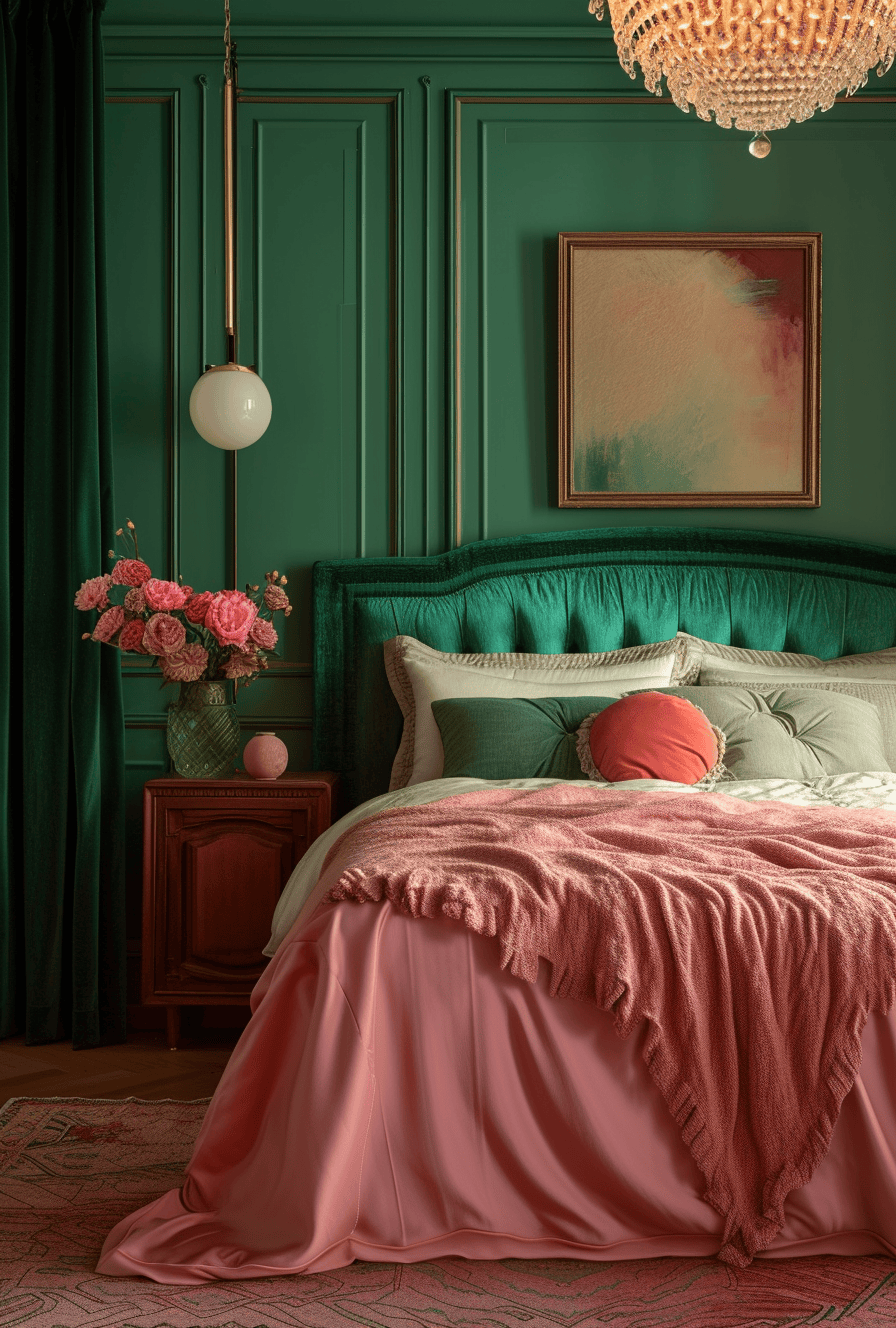 An Art Deco interior design bedroom with geometric patterns and bold  colors. The walls are painted