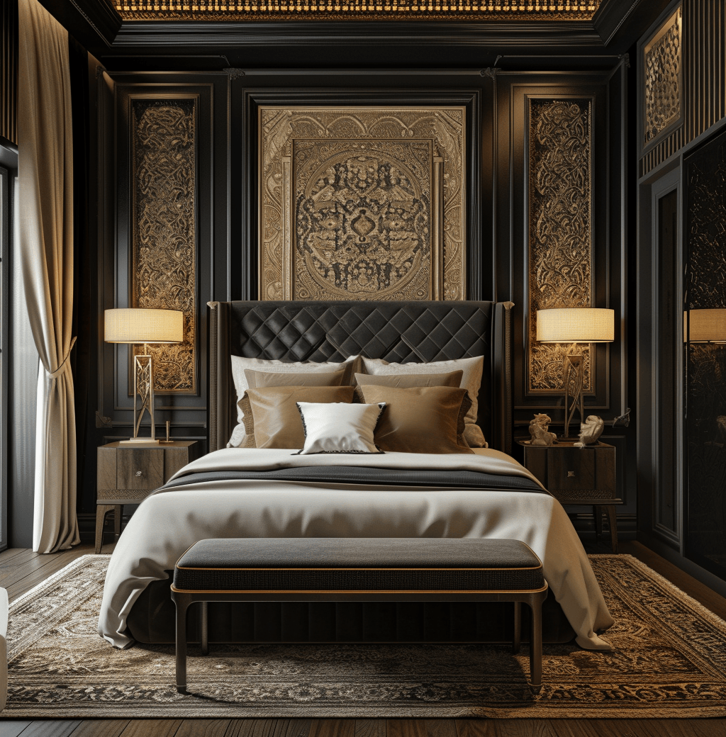 Art Deco bedroom highlighting exotic wood furniture with rich, dark tones