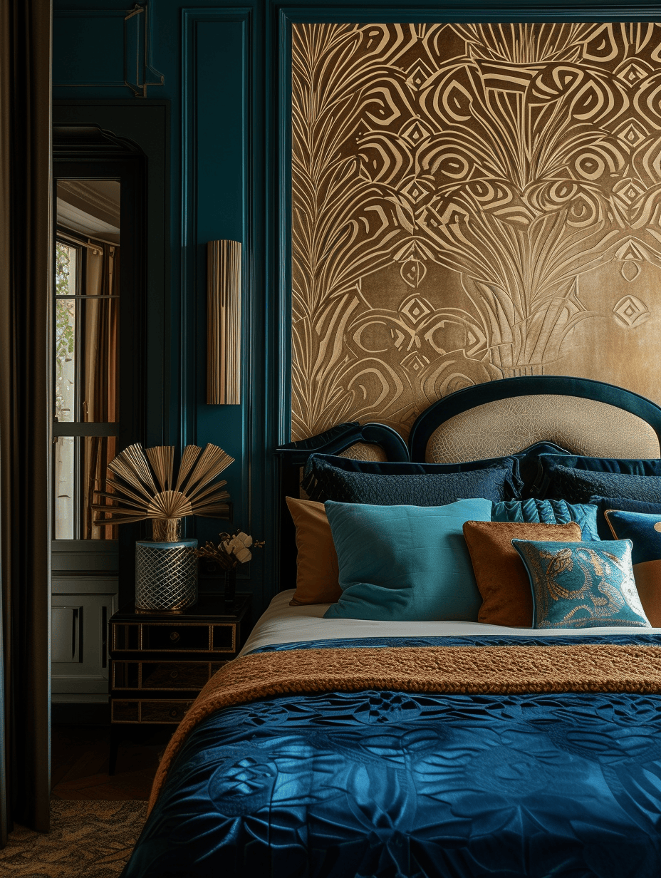 Art Deco bedroom showcasing bold geometric patterns and vibrant color palette