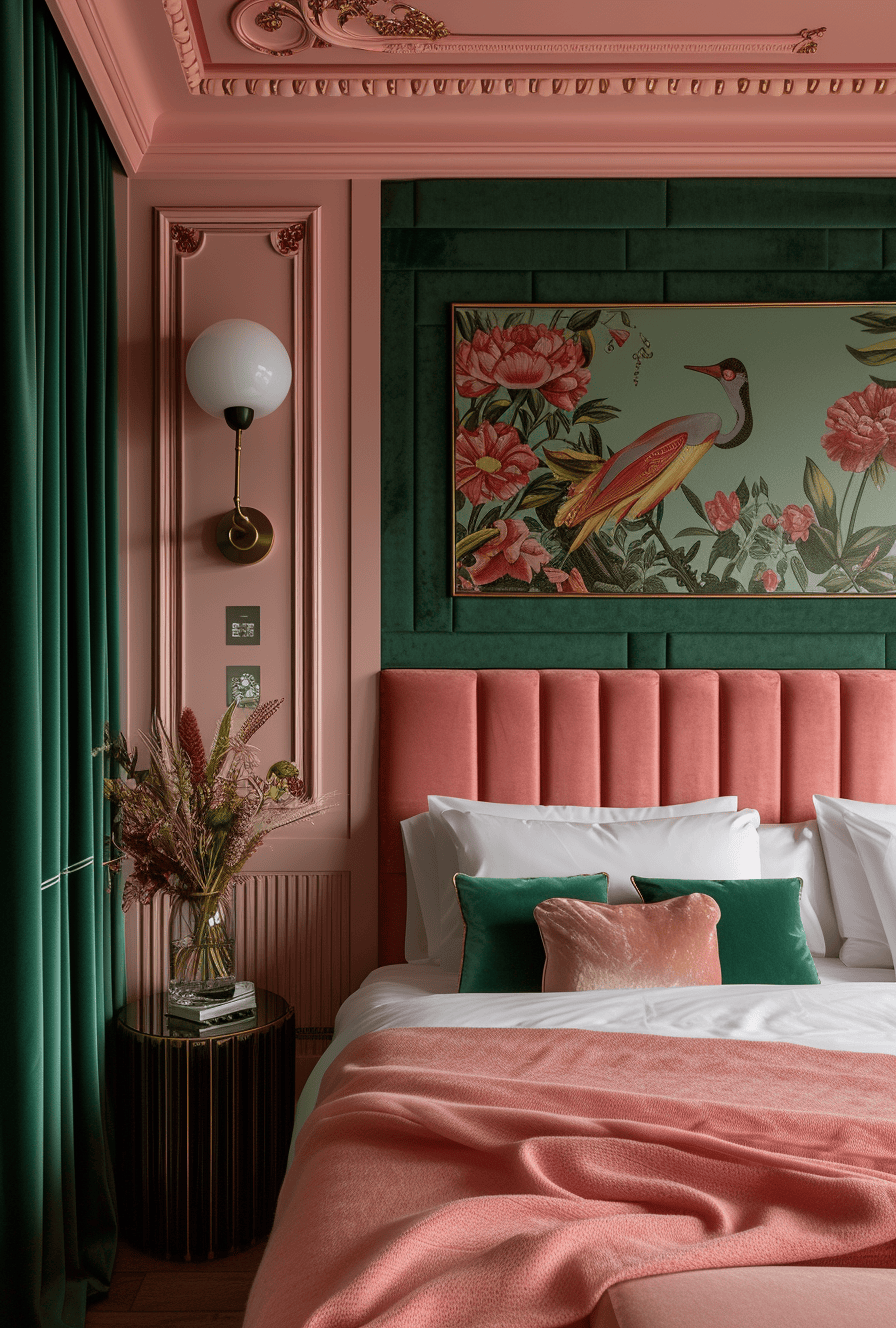 An Art Deco interior design bedroom with geometric patterns and bold  colors. The walls are painted