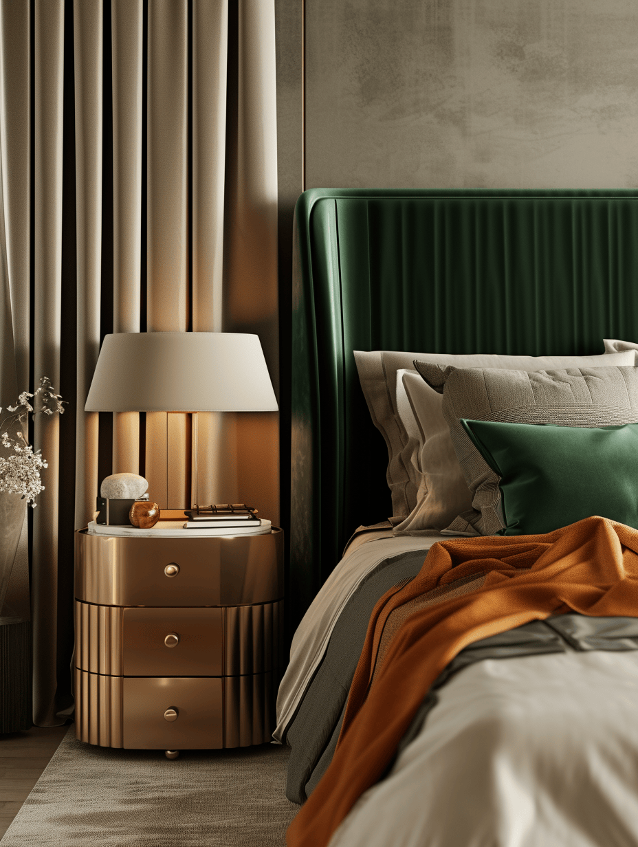 Art Deco bedroom with sculptural lighting elements and artistic flair