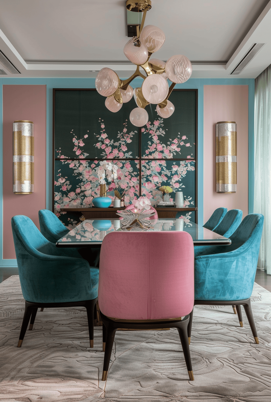 Art Deco dining room with geometric patterns and vibrant color palette
