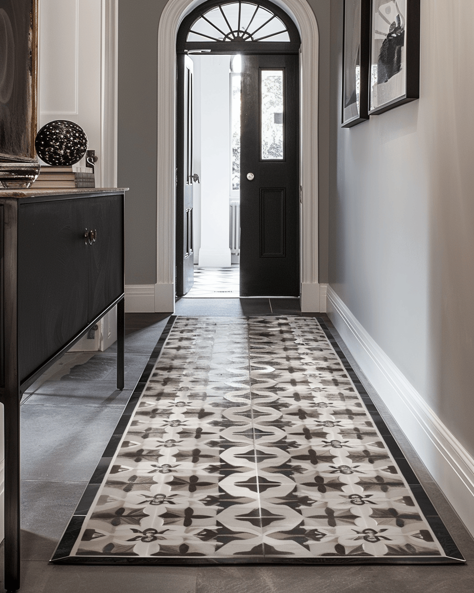 Art Deco hallway accented with metallic finishes and exotic wood inlays