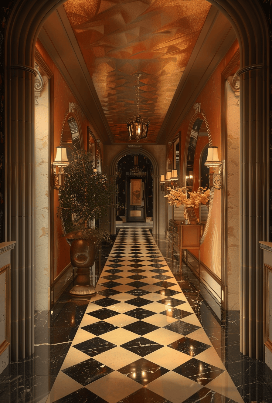 Art Deco hallway showcasing bold doorways and palm leaf motif wallpaper