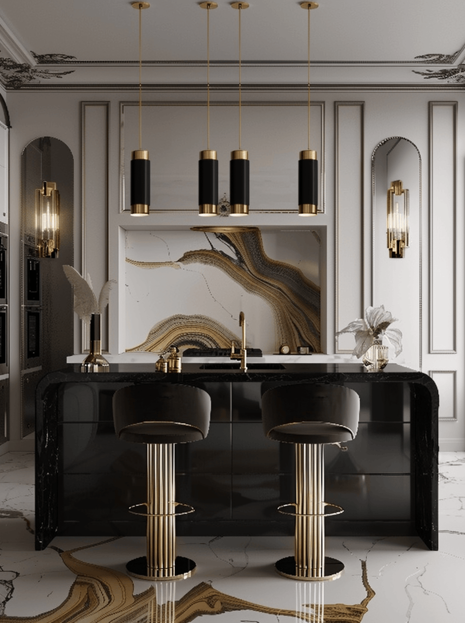 Art Deco kitchen decor with ornamental details and glass cabinets showcasing fine glassware