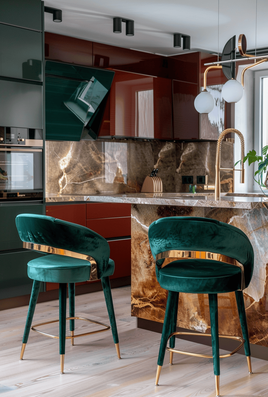 Art Deco kitchen elegance defined by geometric tile designs and sleek bar stools for a stylish space