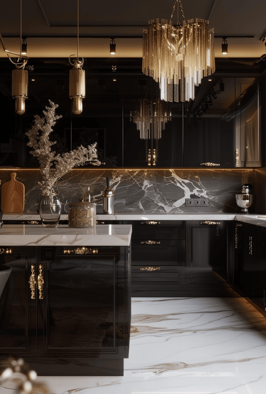 Art Deco kitchen makeover with luxurious marble countertops and brass fixtures for a chic update