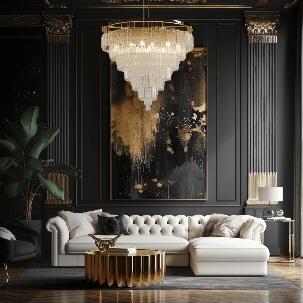 Art Deco living room with 1930s inspiration, showcasing classic elegance and modernity