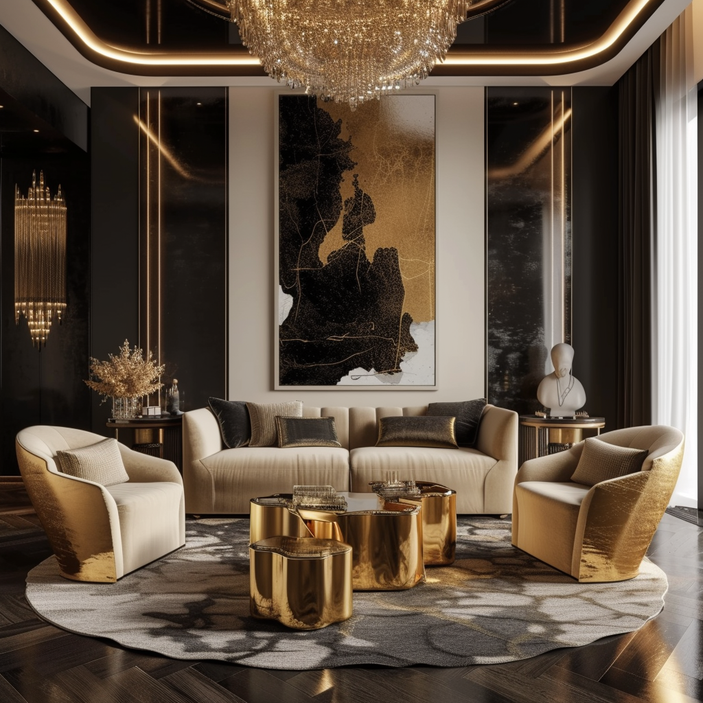 Art Deco living room with inlaid ivory or bone details for an opulent touch