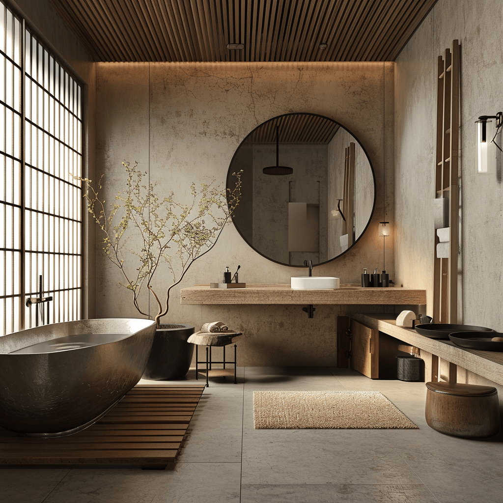 Artful Japandi interior design in a bathroom setting, highlighting minimalism and warmth