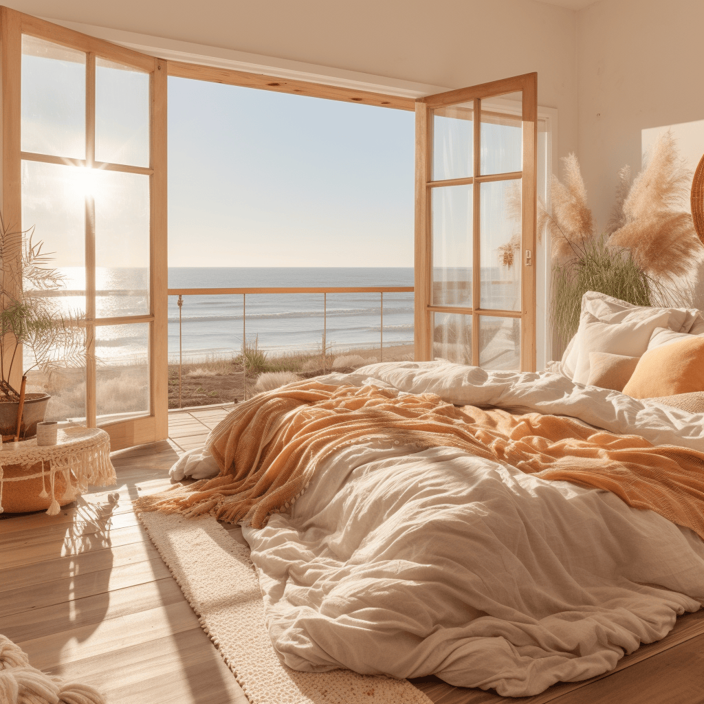 Artistic coastal bedroom paint ideas with a statement wall resembling ocean waves