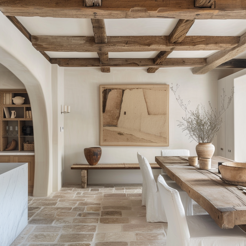 Artistic farmhouse dining room featuring farmhouse-style artwork and window seats