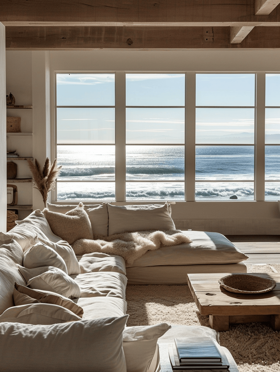 Artwork depicting ocean scenes in a calm coastal living room