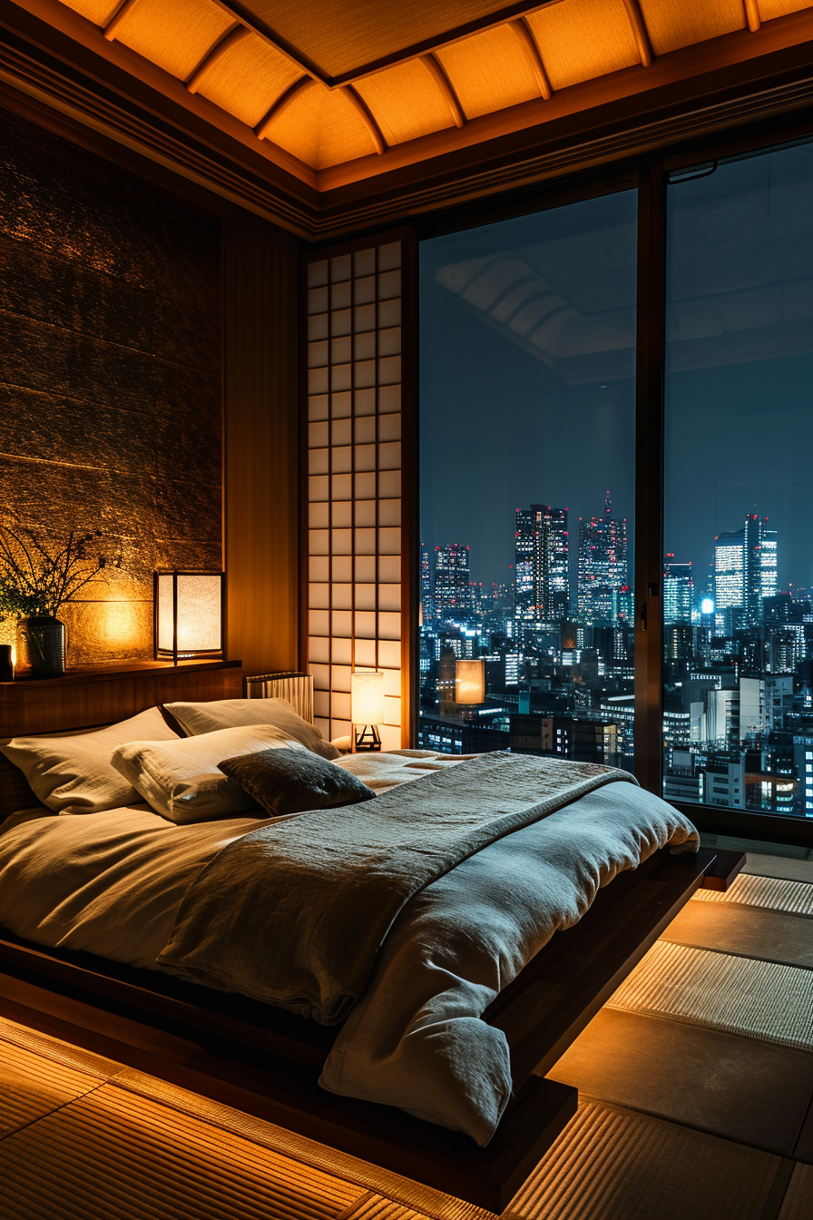 Authentic Japanese bedroom with traditional textiles and sliding doors.