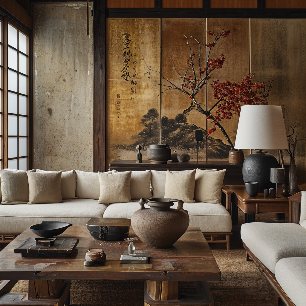 Authentic Japanese living room with tatami floors and sliding fusuma doors.