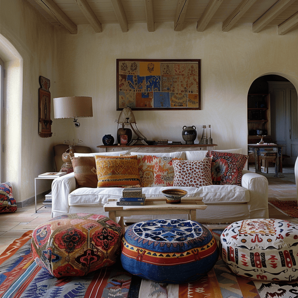 Authentic Mediterranean living room highlighting the convenience of ottomans and poufs for a characterful and practical touch