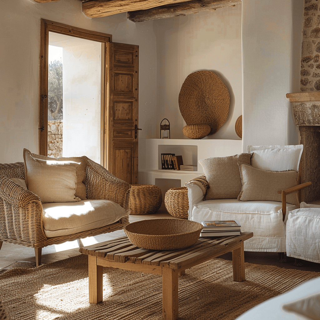 Authentic Mediterranean living room highlighting the use of cozy armchairs for a characterful and inviting seating arrangement