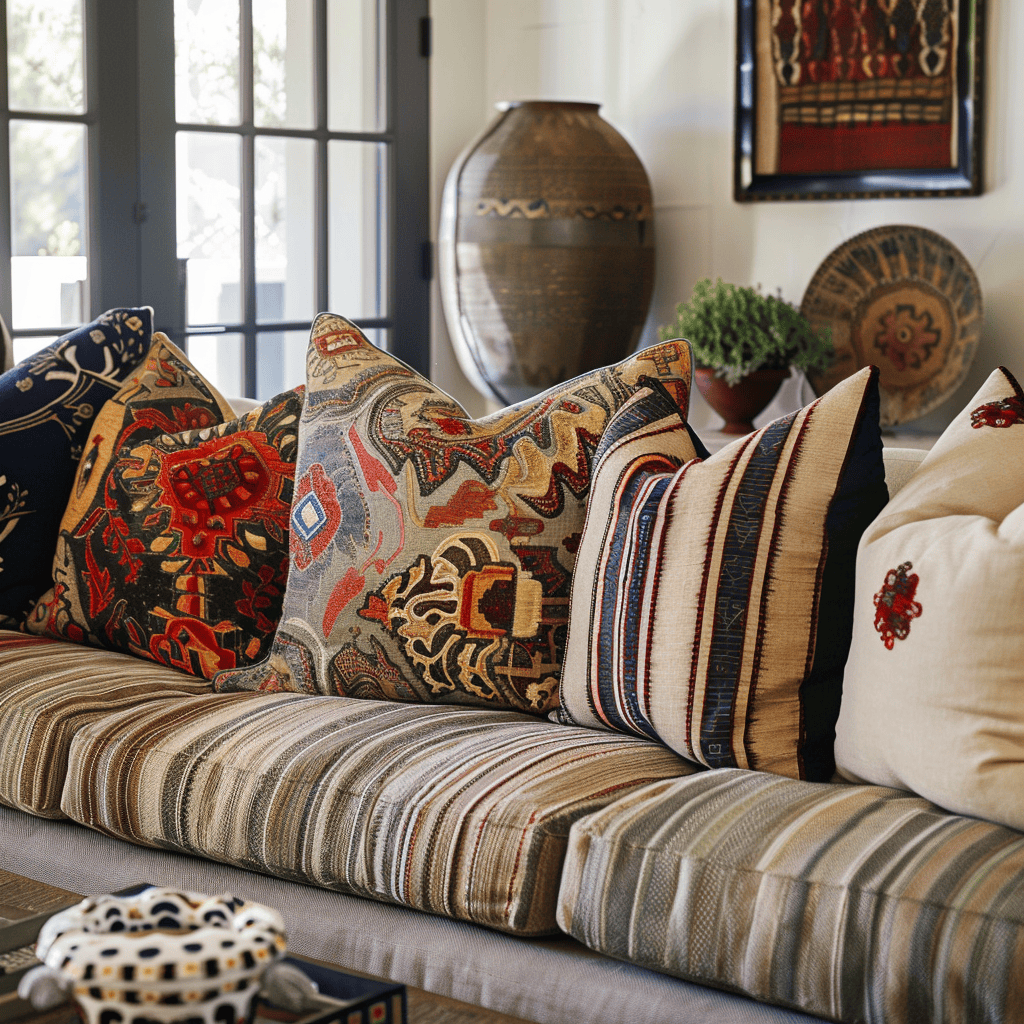 Authentic Mediterranean living room highlighting the use of patterned throw pillows for a characterful and inviting ambiance