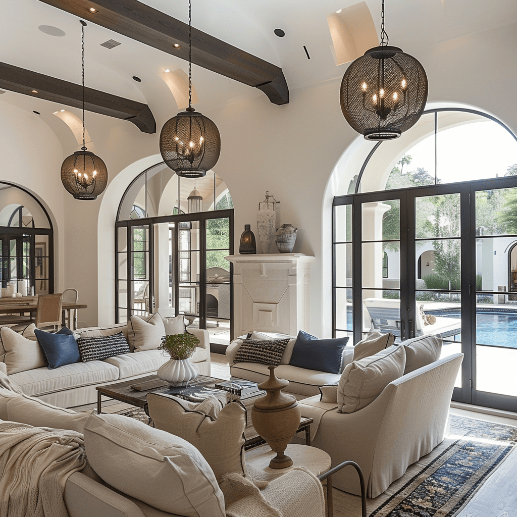 Authentic Mediterranean living room highlighting the use of pendant lights and chandeliers for a sophisticated touch