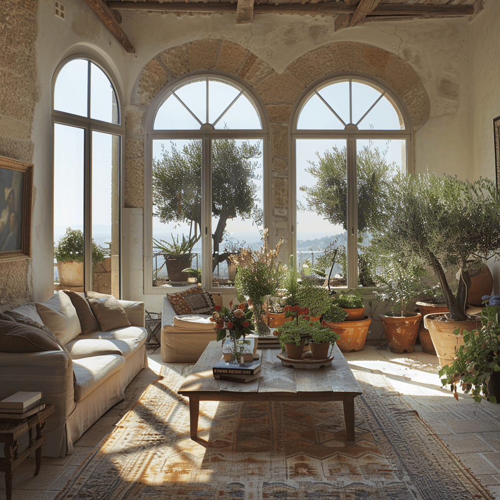 Authentic Mediterranean living room highlighting the use of potted plants and herbs for a characterful and aromatic touch