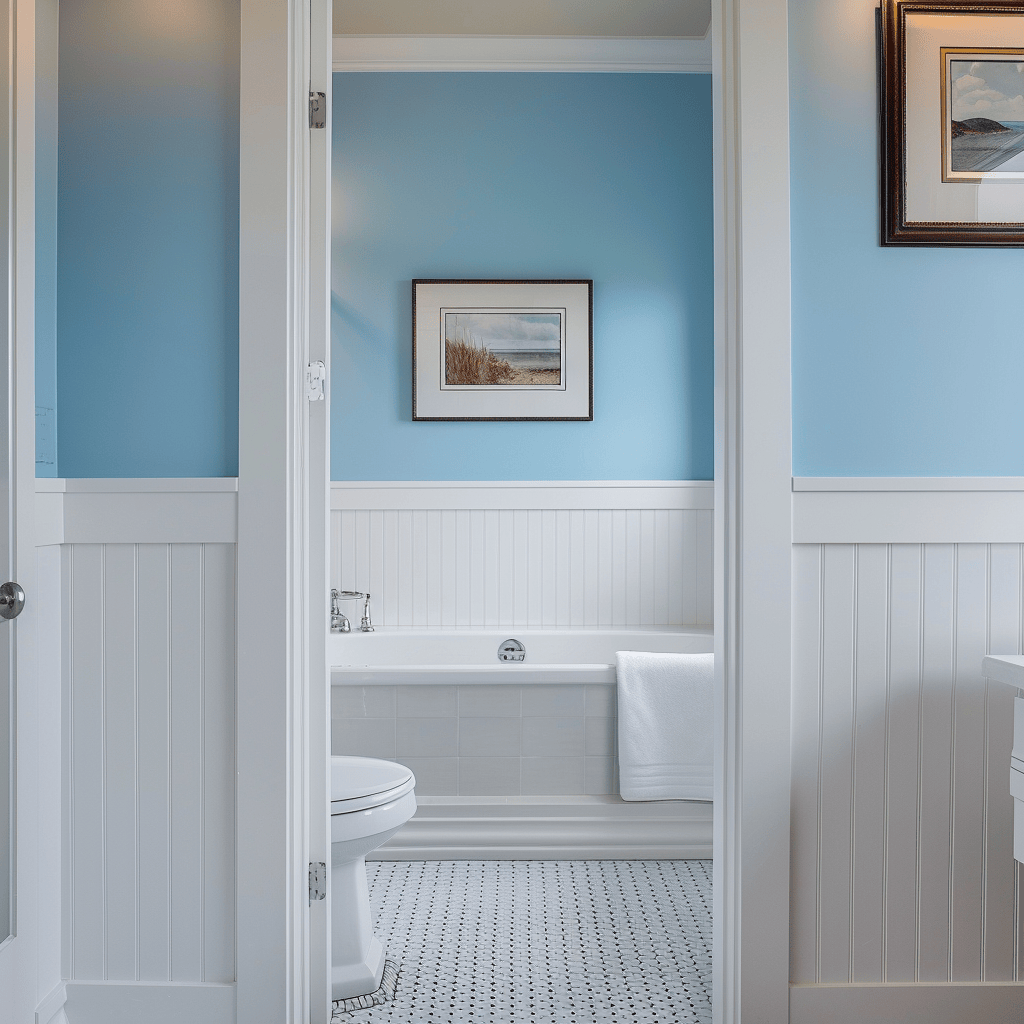 Bathroom with powder blue walls, white wainscoting2