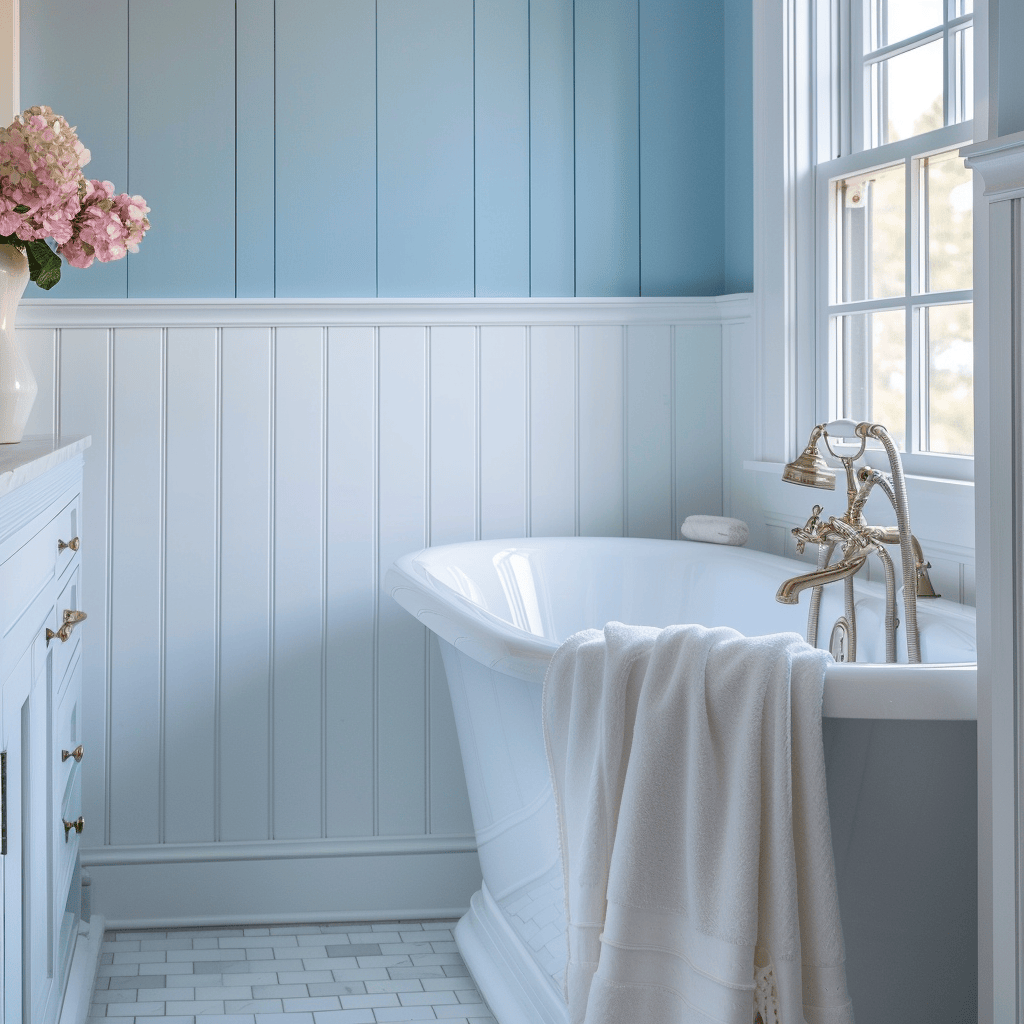 Bathroom with powder blue walls, white wainscoting3