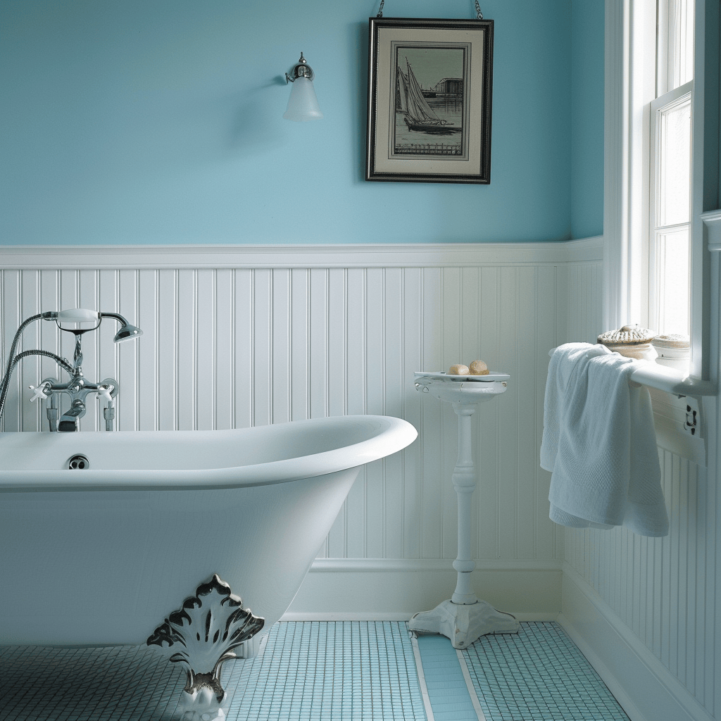 Bathroom with powder blue walls, white wainscoting4