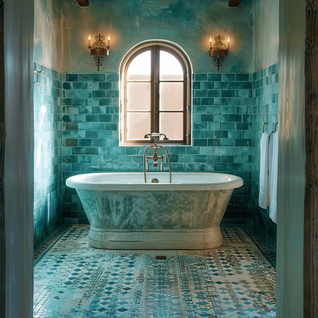 Bathroom with turquoise and seafoam tilework