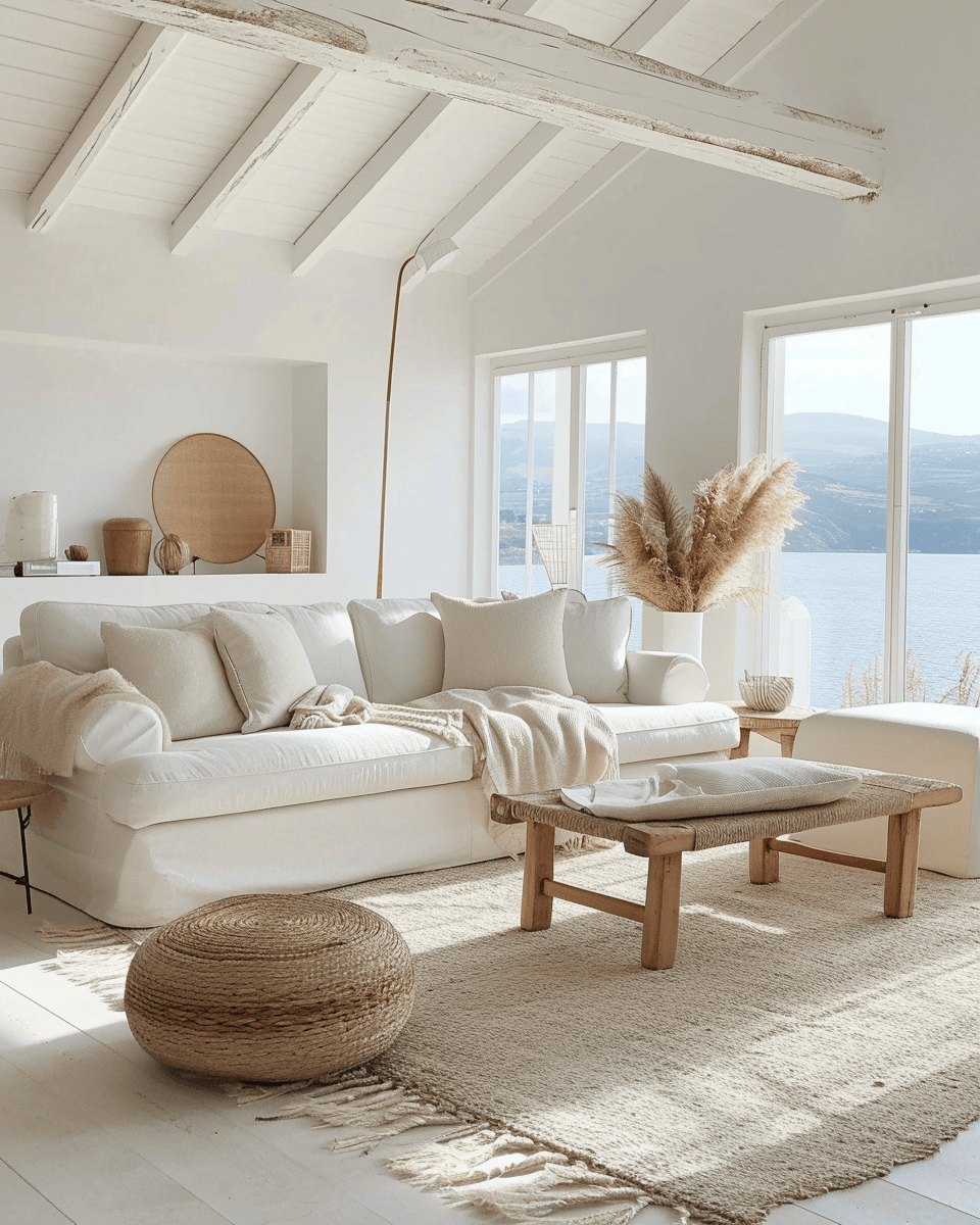 Beach-theme area rug in a coastal living room with ocean hues