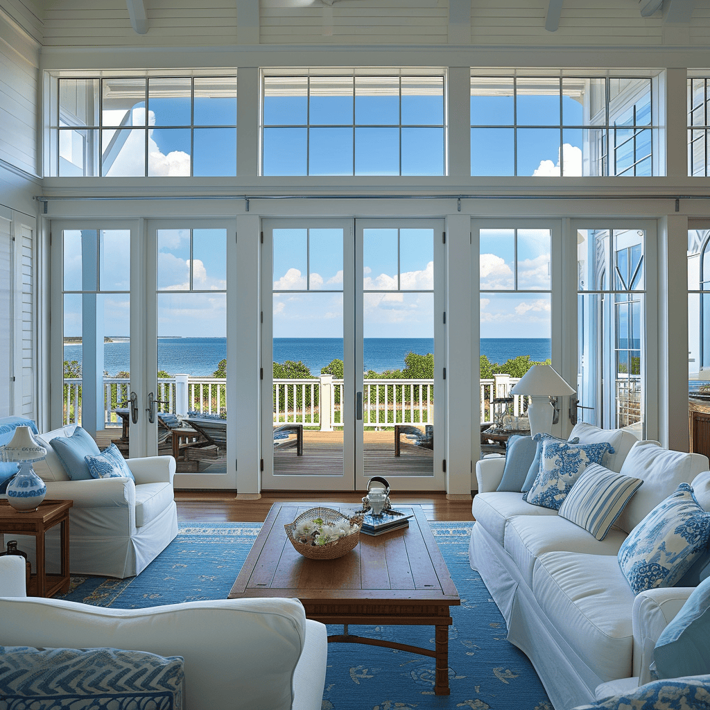 Beach house accessories like model boats in a coastal living room