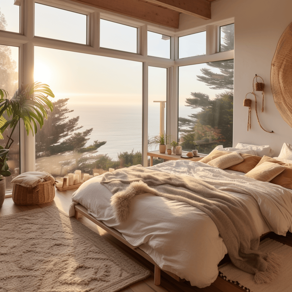 Beachy bedroom decor ideas with playful patterns and a surfboard display