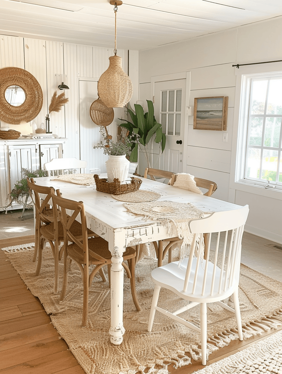 Beachy dining room decor with sun-kissed accessories and coastal charm
