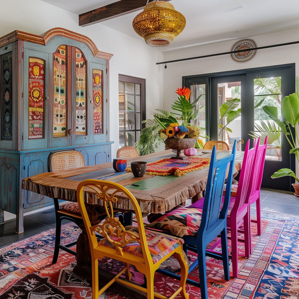 Beaded decor creating unique focal points in a modern boho dining room