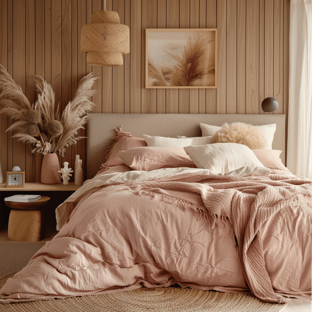 Bedroom with blush and warm wood tones