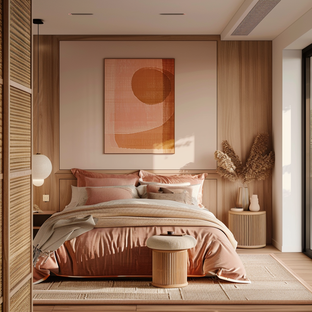 Bedroom with blush and warm wood tones