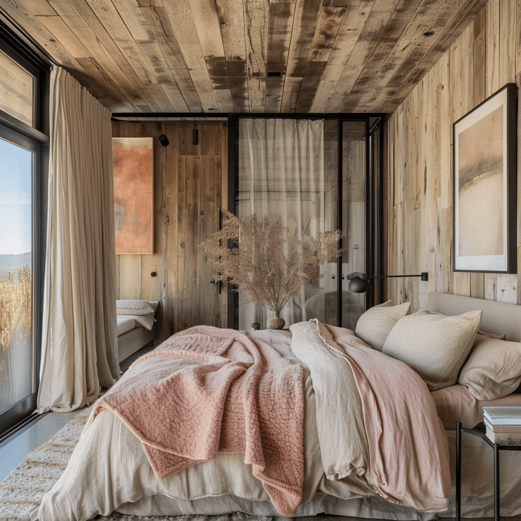 Bedroom with blush and warm wood tones