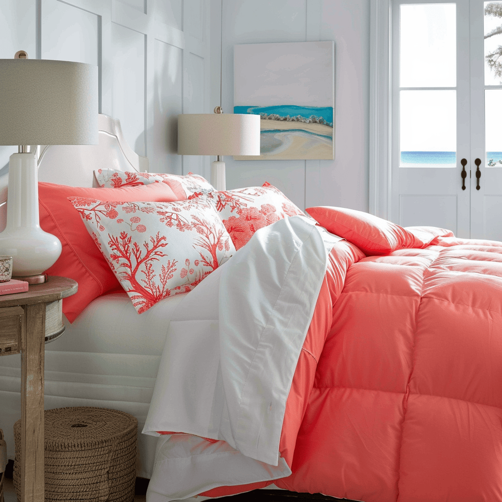 Bedroom with coral duvet coastal